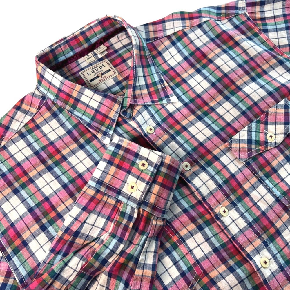 Haupt Plaid Button Up Shirt Men XL 17.5 Multi Color Good 100% Linen Long Sleeve